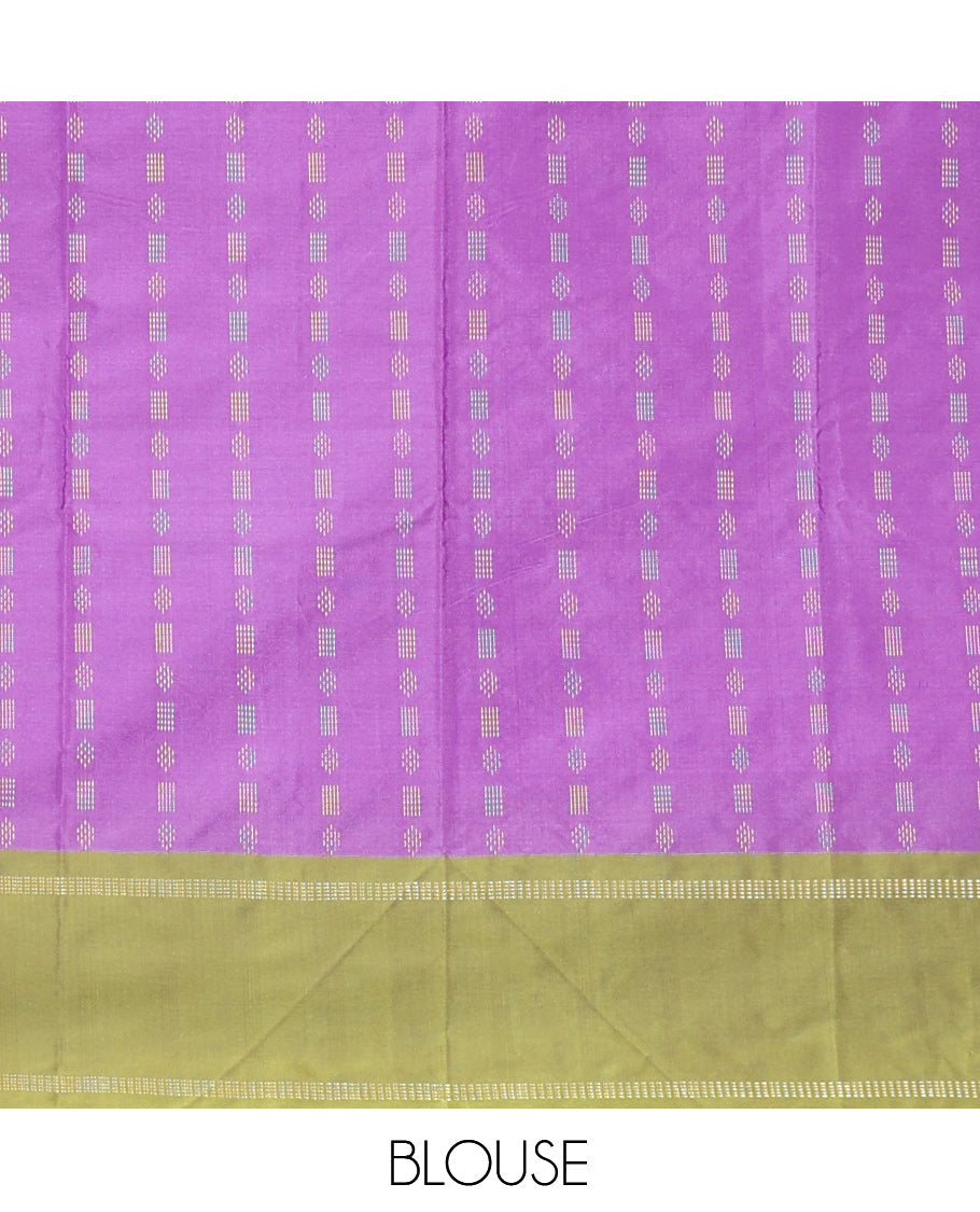 Violet Arani Saree Features Zari Buttas, a Contrast Rettai Pettu Border, Pallu of Zari Designs, and a Matching Blouse
