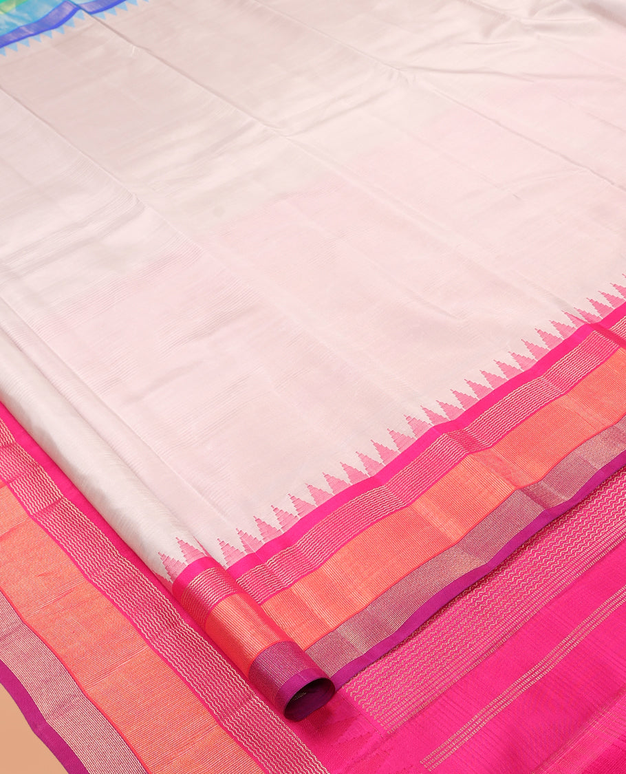 Off-White Plain Bangalore Silk Saree, Complemented by a Contrast Temple Ganga-Jamuna Border, Temple Pallu, and a Contrast Blouse