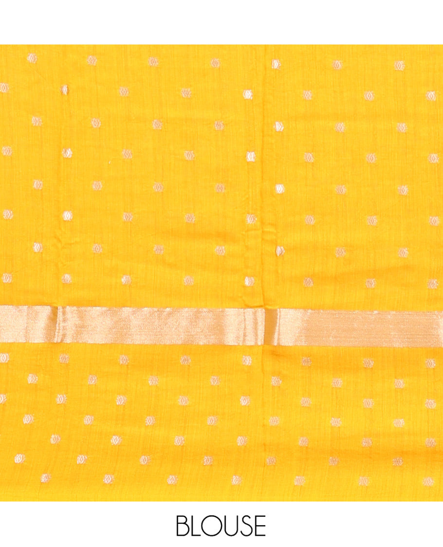 Pale Blue Assam Silk Saree, Steeped with Zari Buttas, Complemented by Contrast Zari Buttas Woven Border, Gleaming Pallu, and Contrast Blouse