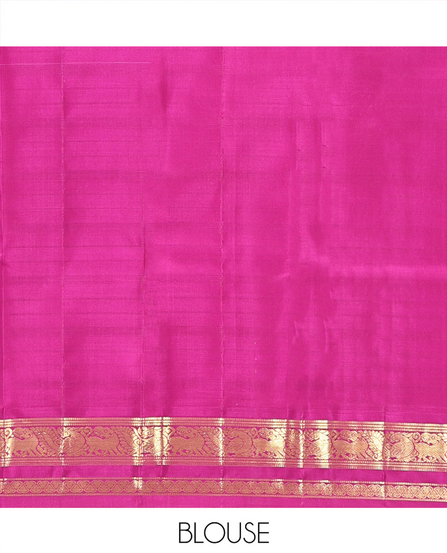 Pink Kanchipuram Designer Silk Saree, Majestically Detailed with Zari Stripes, Contrast Temple Border of Muthu, Banaras, Yaali, Mayil, and Jada Nagam, Geometric Pallu, and a Contrast Blouse