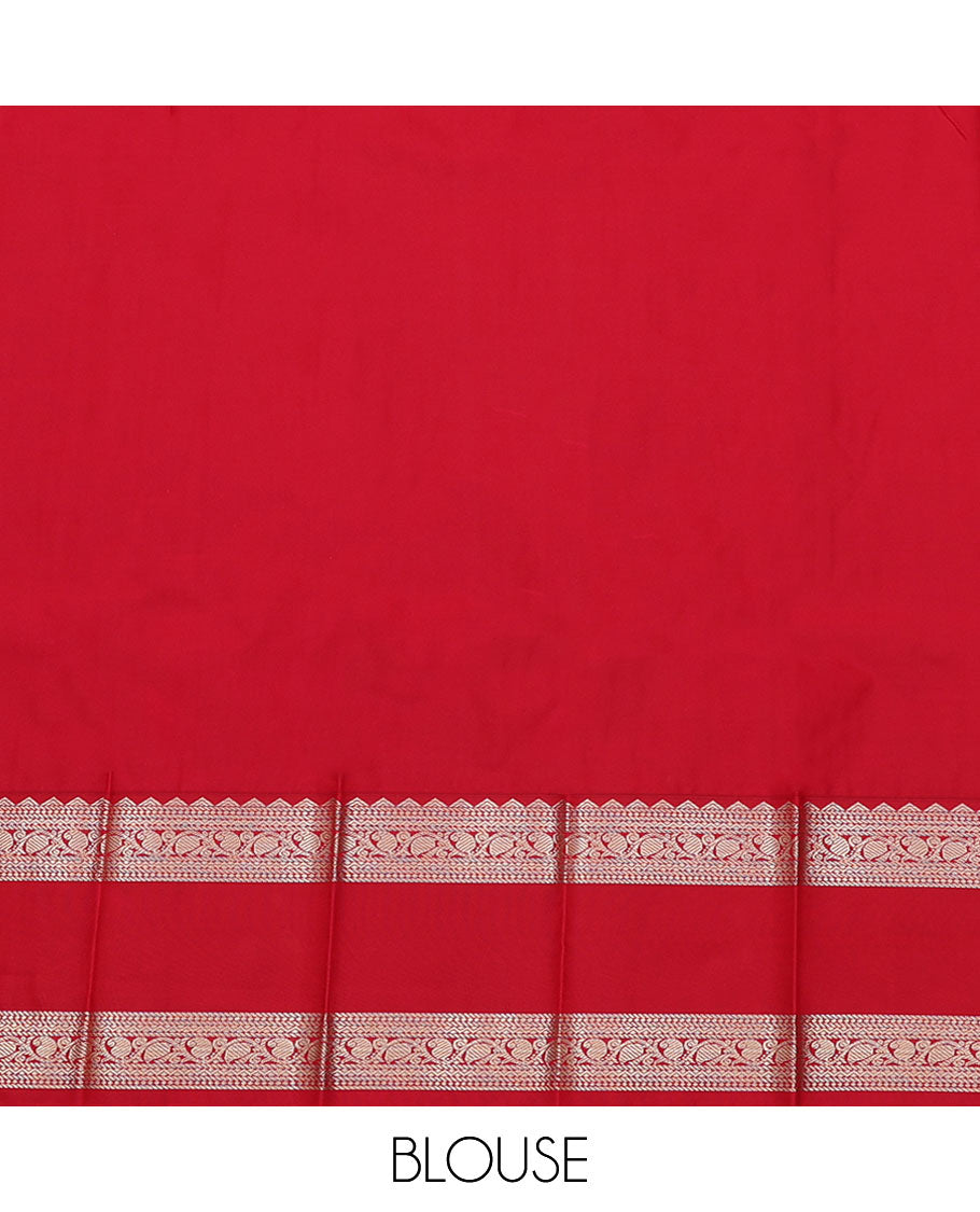 Sandal Budget Silk Saree, Detailed with Buttas All Over Its Body, Complemented by a Contrast Traditional Zari Design Rettai Pettu Border, Grand Pallu, and Paired with a Contrast Blouse