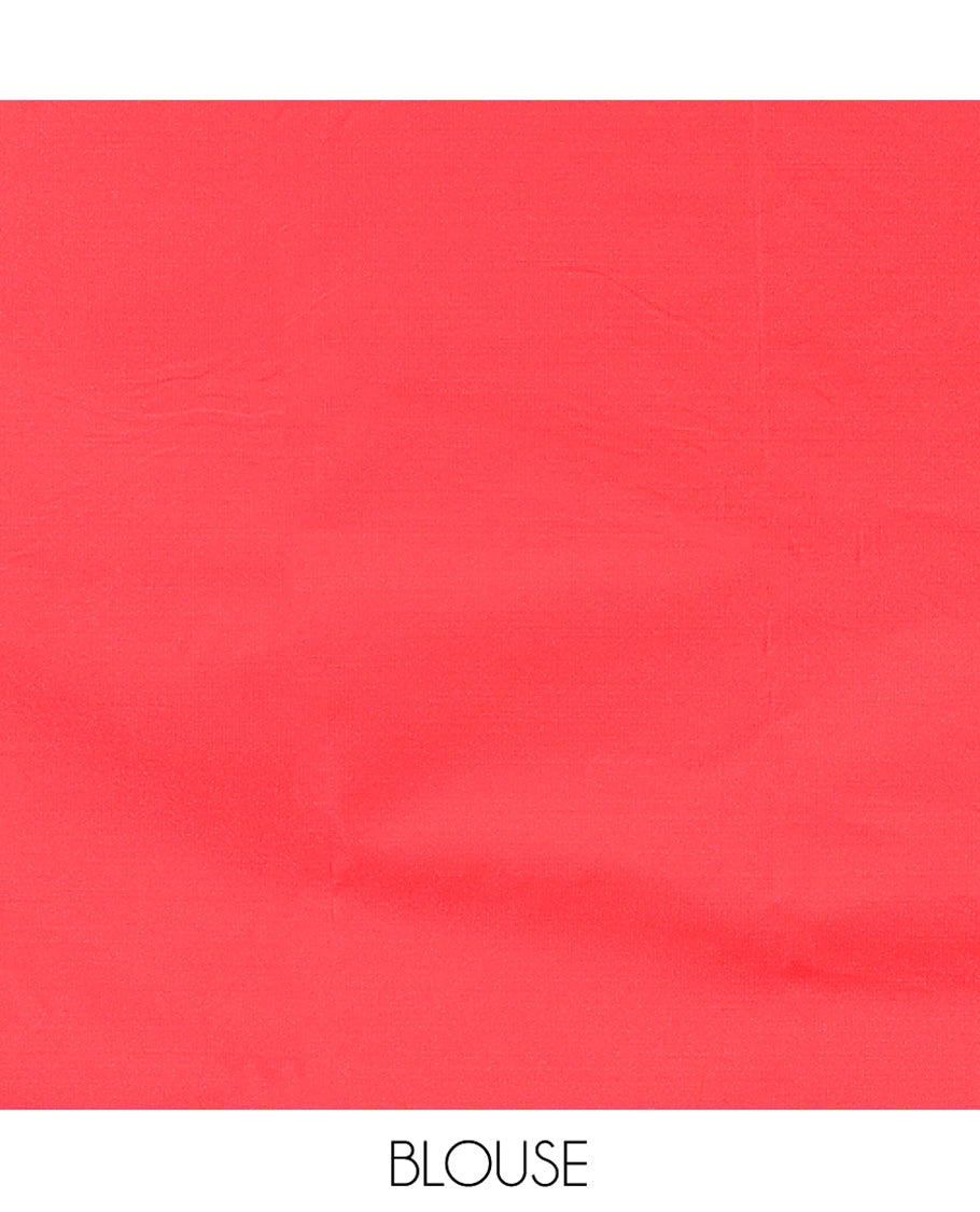 Red Mushuru Silk Saree, Gracefully Embellished with Vertically Woven Flora-Fauna Zari Designs On Its Body, Highlighted by Zari Border of Peacock and Deer Motifs, Grand Pallu, and Paired with a Plain Blouse