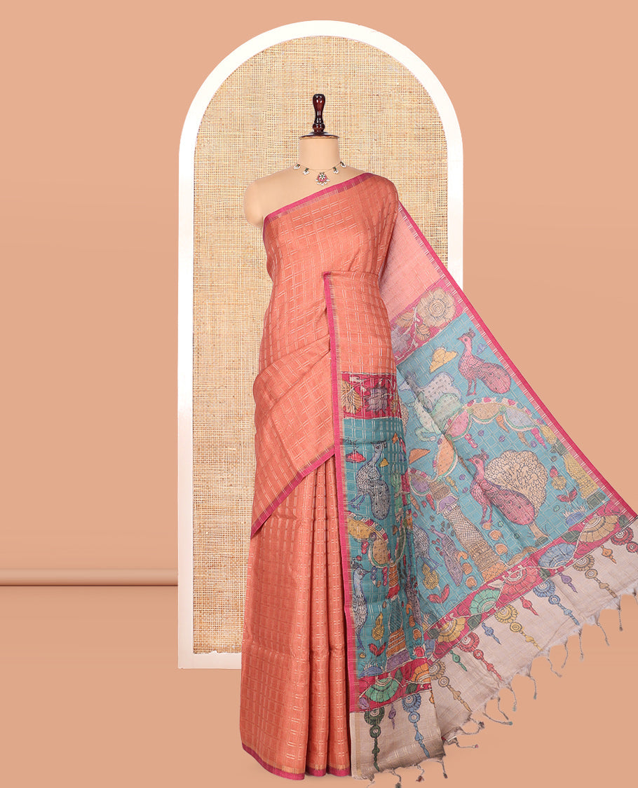 Peach Fancy Tussar Silk Saree, Embellished with Checked Design, Contrast Zari Piping Border, Pallu of Kalamkari Motifs, and Contrast Kalamkari Printed Blouse