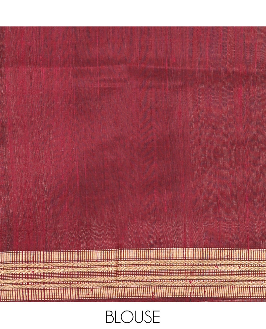 Maroon Dupion Silk Saree, Ornamented with Buttas, a Traditional Border, Striped Pallu, and a Matching Blouse
