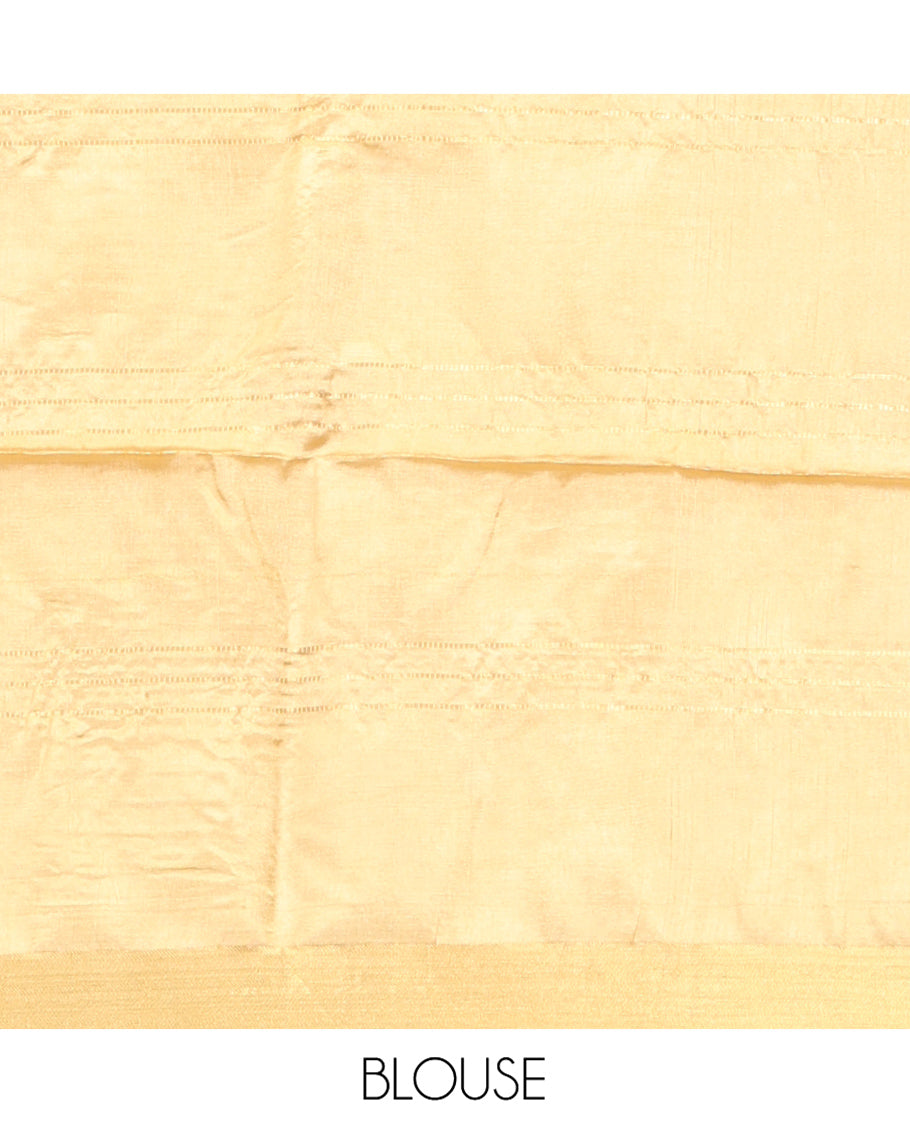 Sandal Banana Pith Saree, Subtly Sparkled with Buttas and Stripes All Over Its Body, Highlighted by Self-Border, Pallu of Zari Stripes, and Paired with a Matching Blouse
