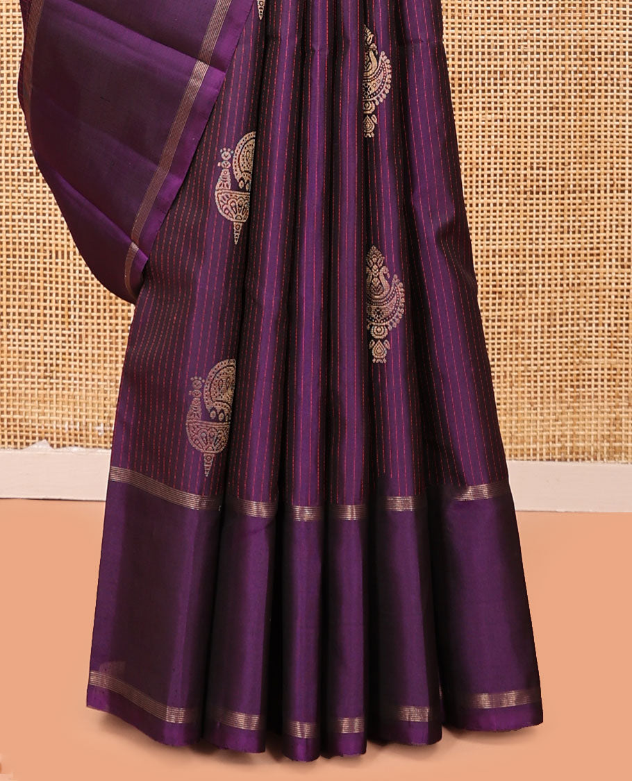 Purple Kanchipuram Silk Saree, Decorated with Stripes and Zari Buttas, a Bodi Border, Contrast Grand Jaal Pallu, and a Contrast Blouse