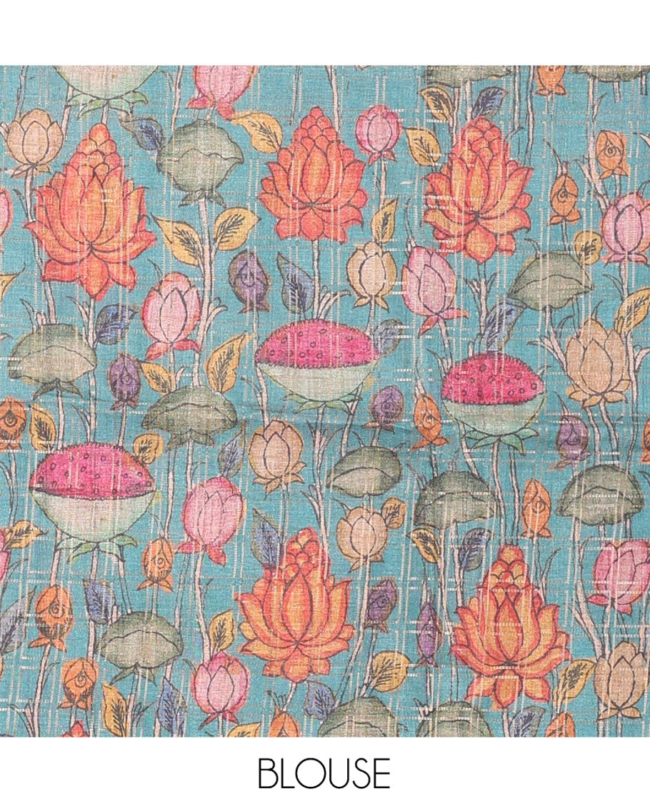 Peach Fancy Tussar Silk Saree, Embellished with Checked Design, Contrast Zari Piping Border, Pallu of Kalamkari Motifs, and Contrast Kalamkari Printed Blouse