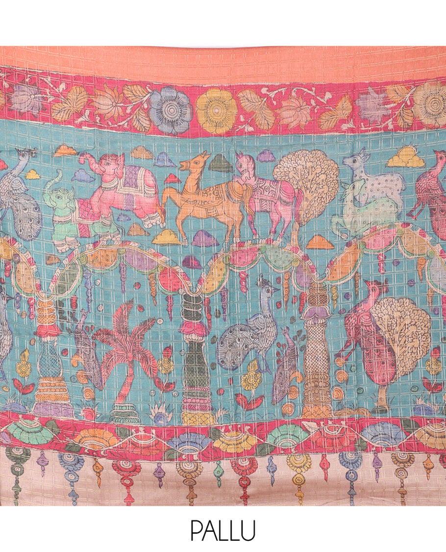 Peach Fancy Tussar Silk Saree, Embellished with Checked Design, Contrast Zari Piping Border, Pallu of Kalamkari Motifs, and Contrast Kalamkari Printed Blouse