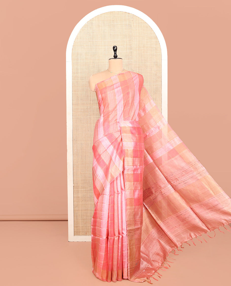 Pink Tussar Silk Saree, Prettified with Checks, a Subtle Border, a Self-Pallu, and a Matching Blouse