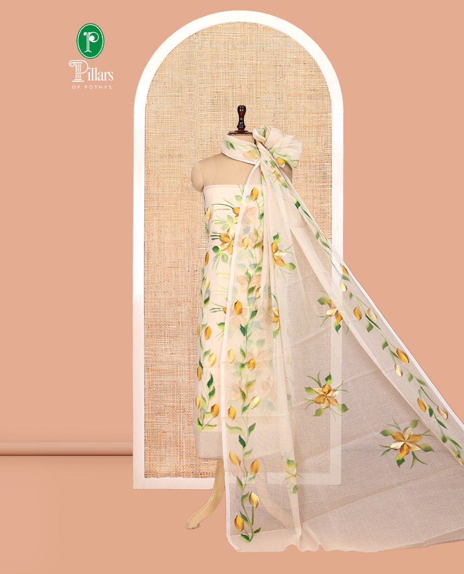 Chikku Net Kota Material Churidar, Adorned with Hand-Brush Painting Floral Printed Top, a Plain Bottom, and Hand-Brush Floral Printed Dupatta