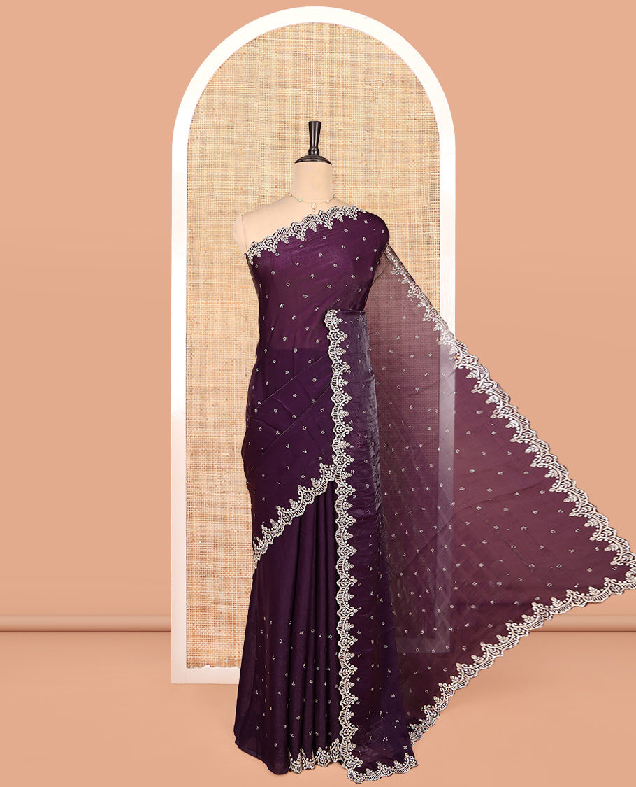 Purple Designer Saree, Dazzled with Stonework, a Scallop Stonework Border, and a Matching Blouse
