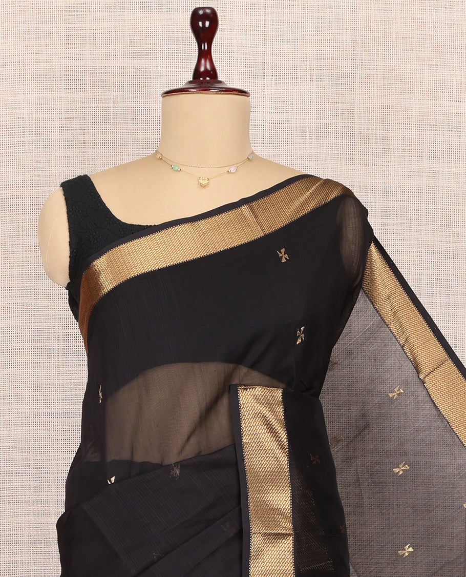 Black Maheshwari Cotton Saree, Accentuated with Buttas, Highlighted by a Traditional Zari Border, Pallu Gleamed Up with Zari Buttas, and a Matching Blouse