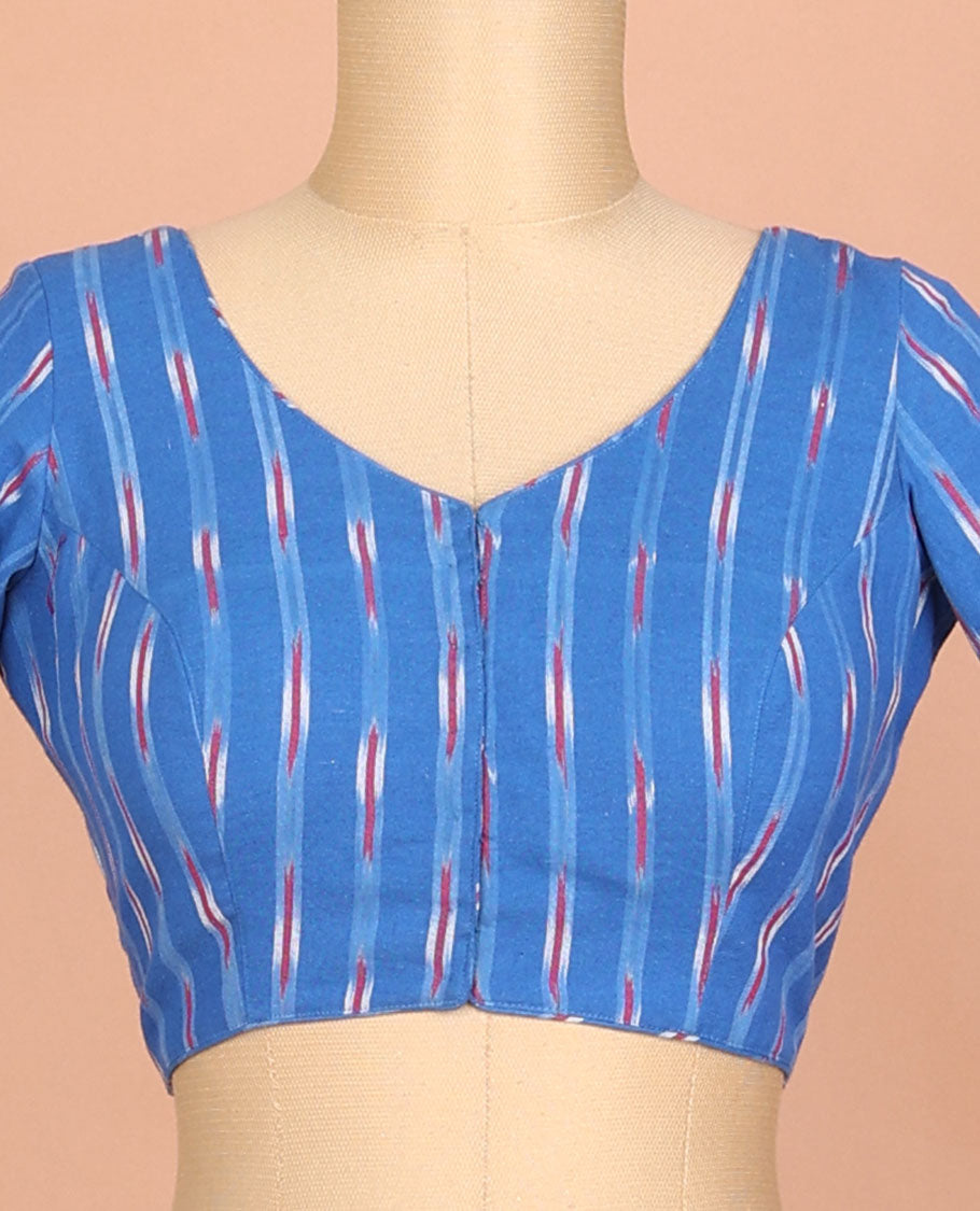 Blue ikkat style cotton readymade blouse with bell sleeve & leaf neck