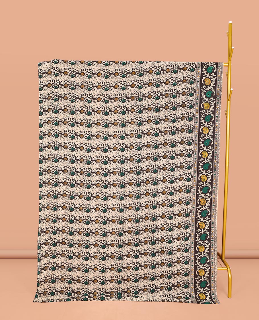 Multi-Color Machine-Printed Kalamkari Cotton Saree, Decked Up with Batik Vines on Its Body, Complemented by a Contrast Border of Batik Paisley Print, Pallu of Floral-Peacock Print, and Paired with a Printed Blouse