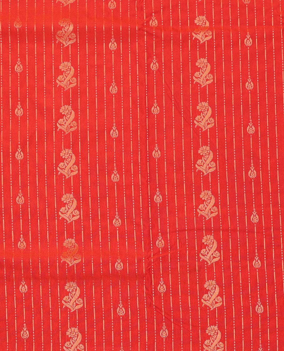 Red Art Silk Pavadai Material Set, Beautified with Zari Designs on Its Skirt, Complemented by a Contrast Traditional Zari Design Border, and Paired with a Contrast Blouse