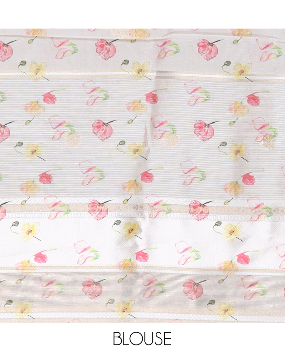 Borderless Cream Semi-Tussar Saree Features Zari Design and Floral Print, a Self-Pallu, Matching Blouse