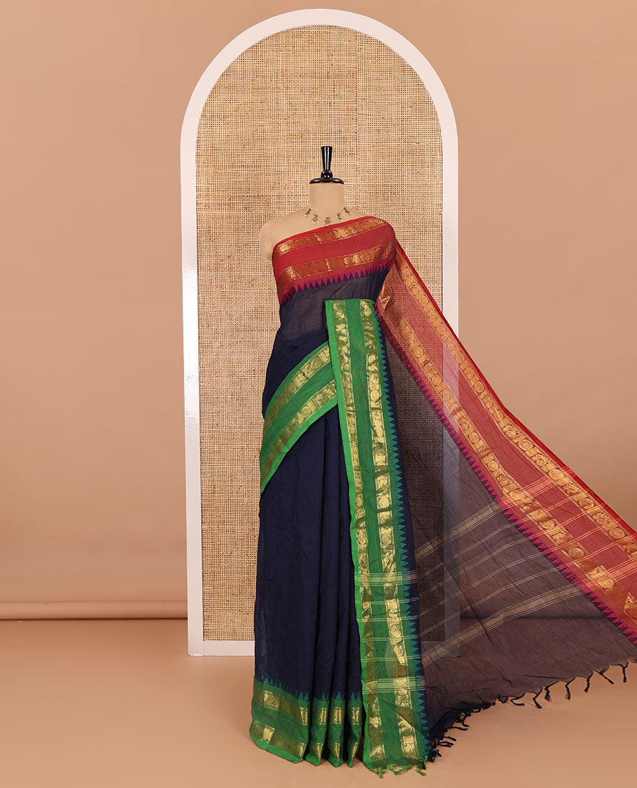 Navy blue plain chettinad cotton saree , ganga jamuna rettai pettu border , lining pallu with tussels
