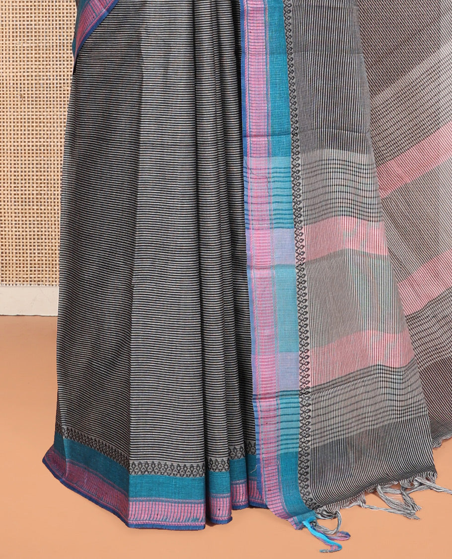 Grey Striped Andhra Cotton Saree, a Contrast Traditional Thread Border, Striped Pallu, and a Matching Blouse