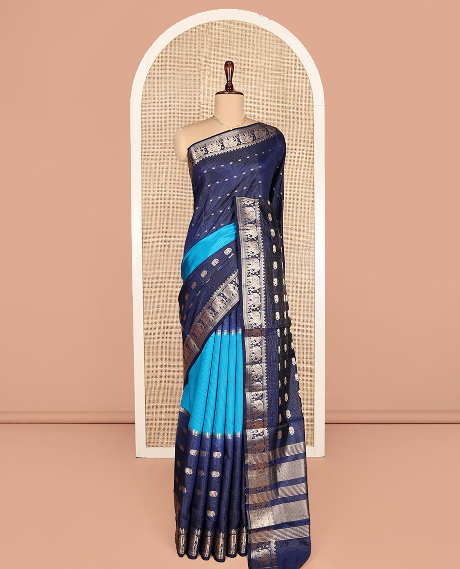 Blue Dupion Silk Saree Features Half-And-Half and Zari Buttas, and Checks, Complemented by a Contrast Traditional Zari Border, Zari Striped Pallu, and a Contrast Blouse