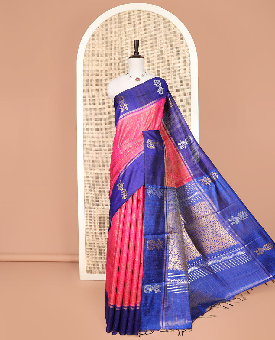 Pink Dupion Silk Saree Decked Up with Checks All Over Its Body, Complemented by a Contrast Border of Unique Motifs in Zari, Grand Pallu Depicts Geometric Designs, and Paired with a Contrast Blouse