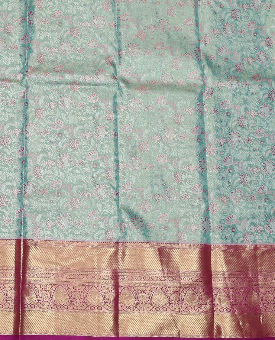 Blue Art Silk Material Half Saree Set, Richly Detailed with Floral-Theme Jacquard Design Skirt, a Contrast Traditional Zari Design Border, Contrast Zari-Jacquard Blouse, and a Dhavani of Floral Designs