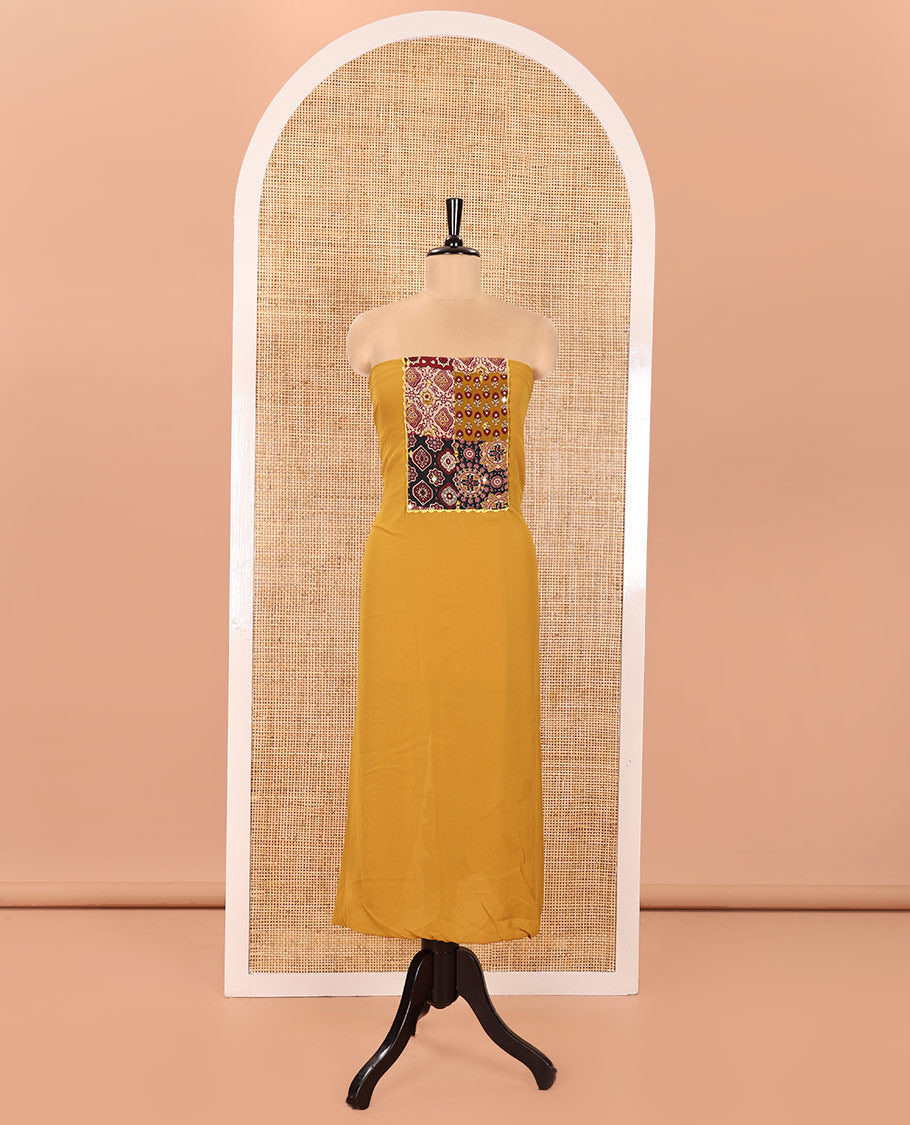 Yellow Material Chudidhar Set, Ornamented with Ajrakh-Style Print and Mirror Work Fox Georgette Top, Santoon Plain Bottom, and Georgette Dupatta of Ajrakh Print and Mirror Work