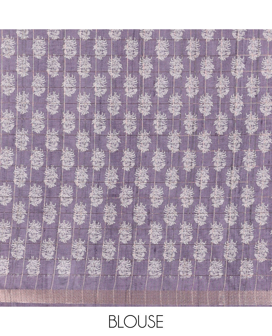 Violet all-over copper zari checks design semi tussar saree with floral, elepgant design, copper zari jacqaurd border & linnnin chip pallu along with self ajrackprinted checks blouse