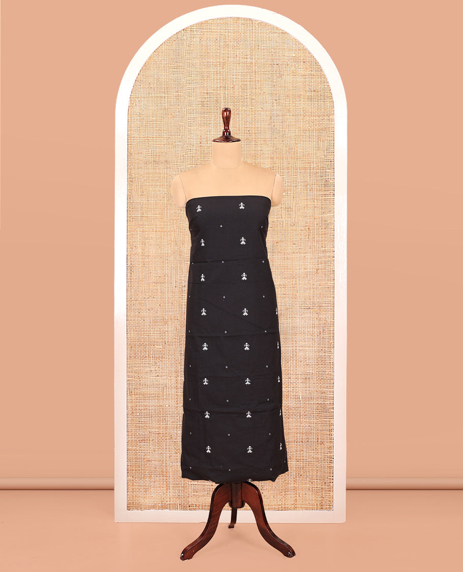 Black-Grey Handloom Cotton Material Chudidar Set, Finely Woven with Buttas Top, Contrast Striped Bottom, and an Ikat Dupatta