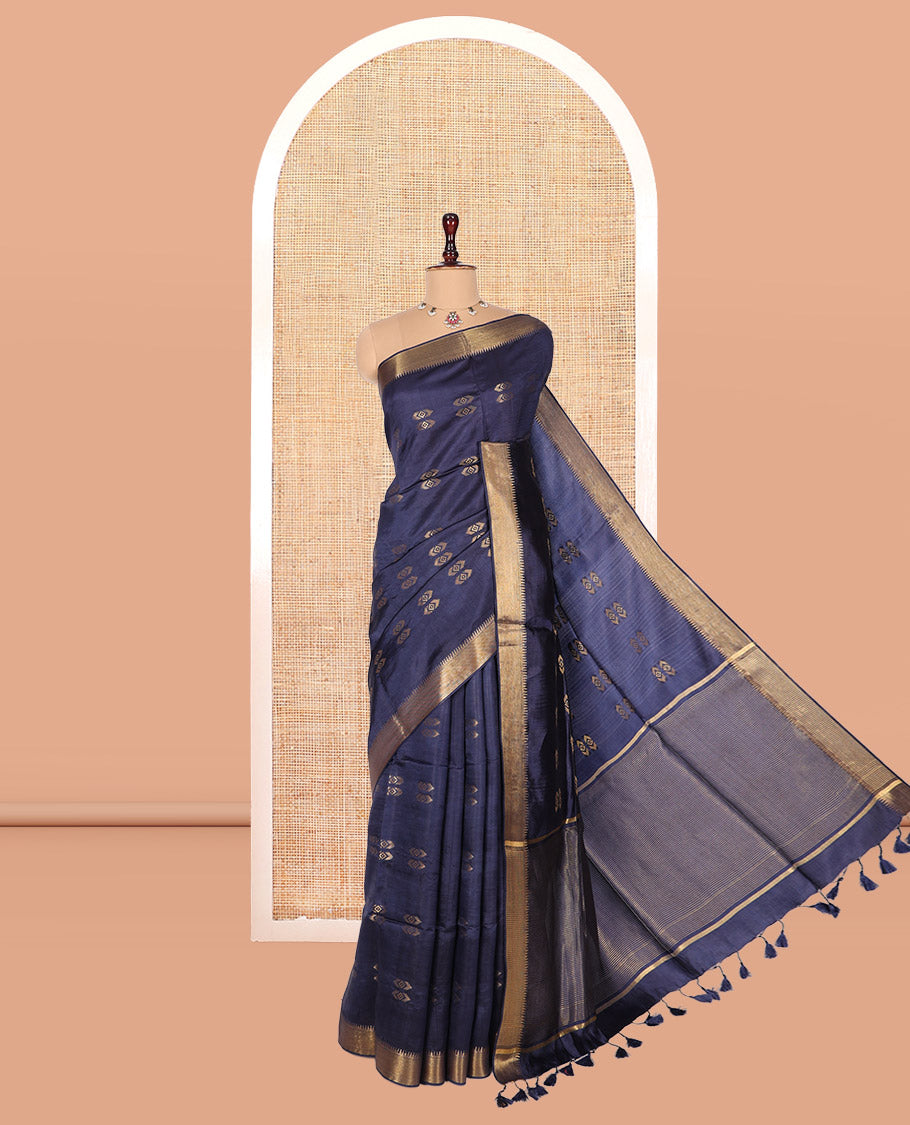Navy Blue Banana Pith Saree, Embellished with Zari Buttas, a Zari Temple Border, Striped Pallu, and Matching Blouse