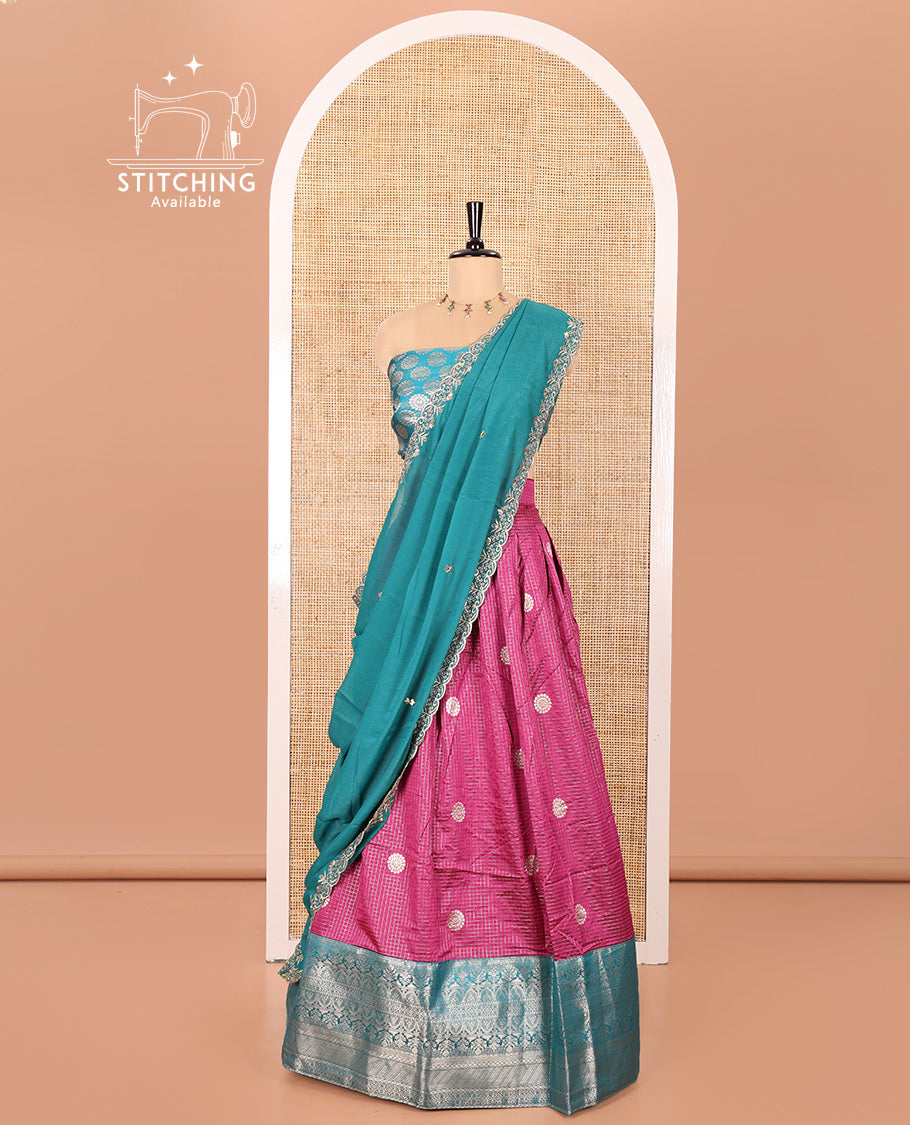 Pink and Blue Banarasi Silk Half-Saree Featuring Micro-Checks and Chakram Buttas Woven Skirt, Complemented by Contrast Traditional Zari Design Border, Paired with a Jacquard Blouse, and a Rangoli Georgette Embroidered Dhavani