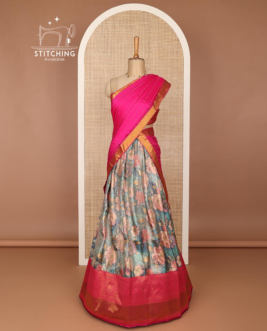 Blue floral printed half saree with contrast zari border, zari design blouse & floral zari design dhavani
