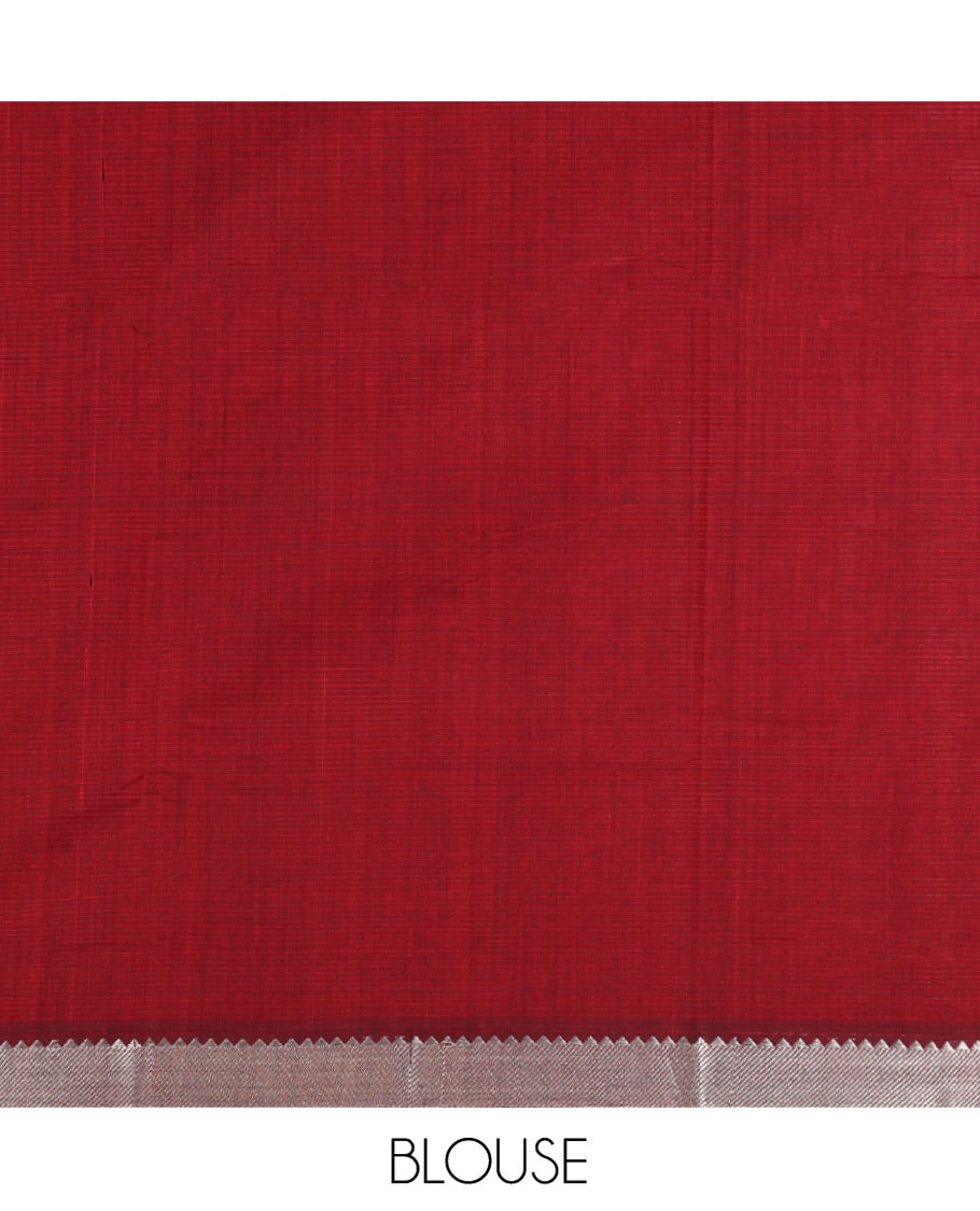 Red-Black Mangalgiri Cotton Saree, Sparsely Woven with Stripes on Its Body, Highlighted by Zari Temple Border, Zari-Striped Pallu, and Paired with a Matching Blouse