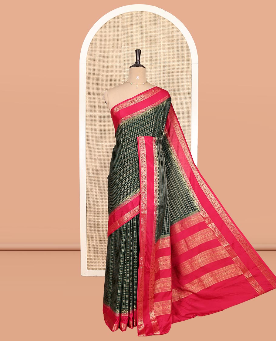 Bottle Green Fancy Mysore Silk Saree Features Checks, Contrast Traditional Double-Pet Border, Rich Pallu, Contrast Blouse