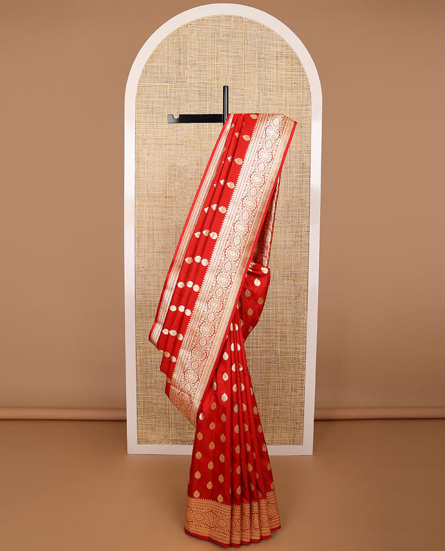 Red floral buttas semi banaras nylon saree with self floral zari design border & paisley design pallu