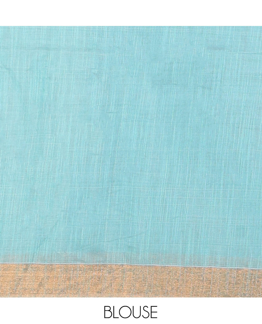 Blue Linen Cotton Saree, Adorned with Figurine Patch Embroidery, Complemented by a Contrast Temple Border, and a Matching Blouse