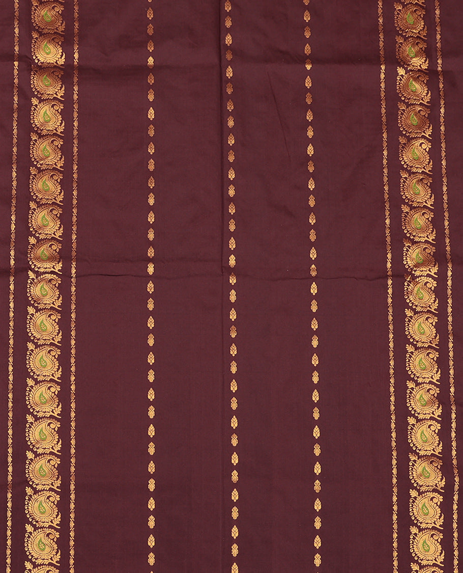 Brown Art Silk Pavadai Material Set, Embellished with Zari Designs on Its Skirt, Complemented by a Contrast Traditional Zari Border, and a Matching Blouse