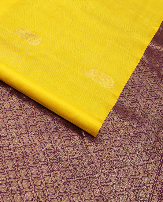 Borderless yellow animal design kancheepuram silk saree with floral jaal design pallu