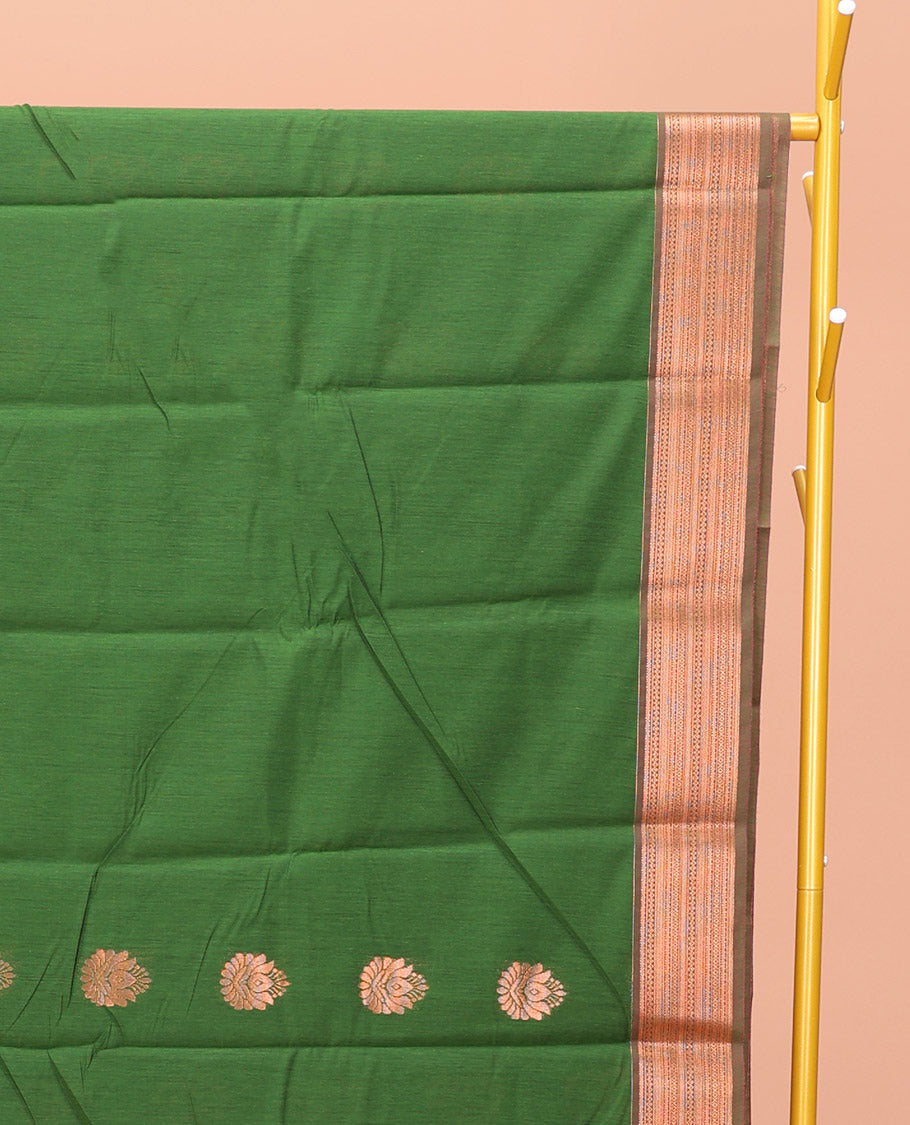 Green Semi-Silk Cotton Saree, Bedecked with Zari Buttas All Over Its Body, Highlighted by a Traditional Zari Border, Pallu of Paisley Designs, and Paired with a Matching Blouse