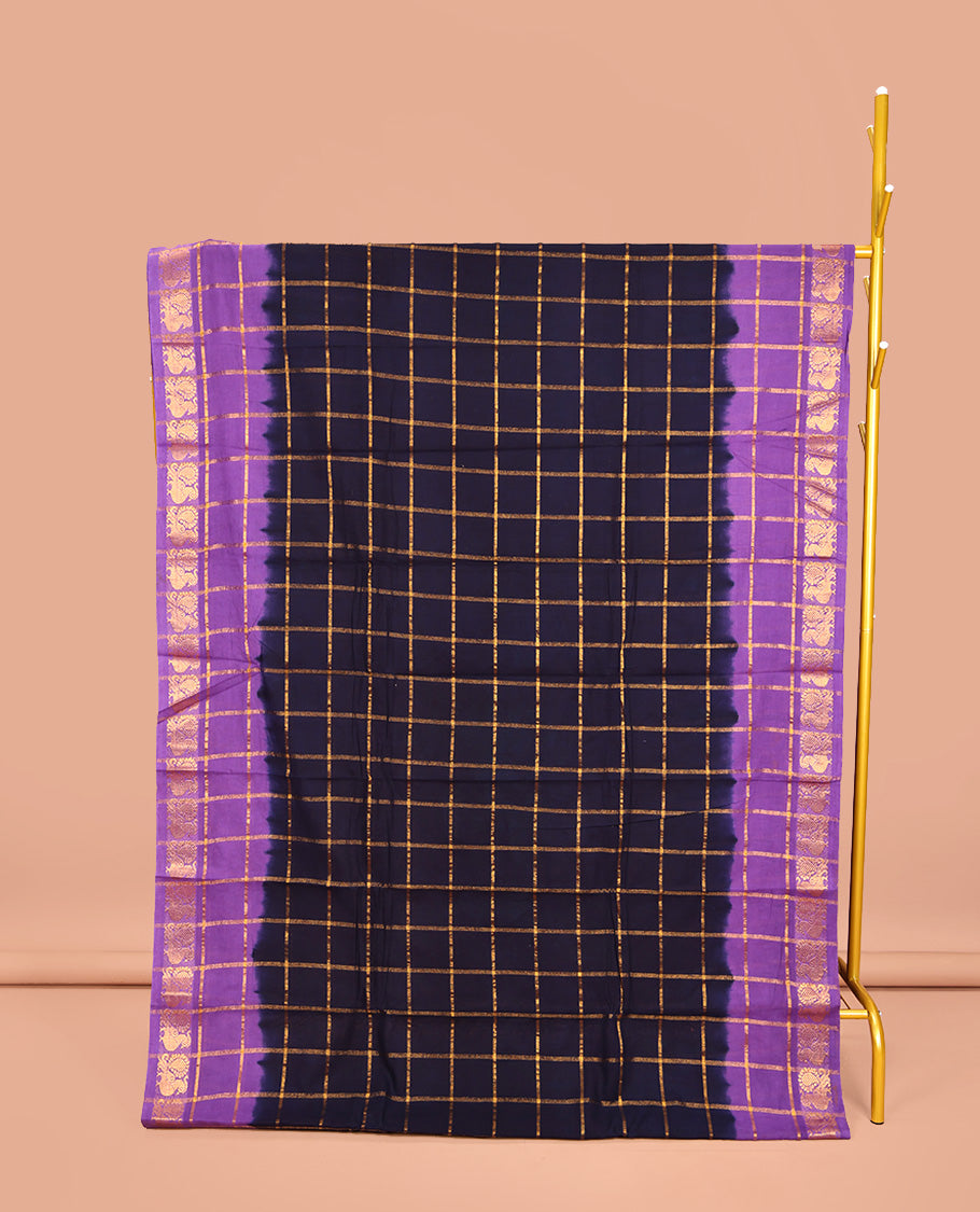 Blue Sungudi Cotton Saree, Embellished with Zari Checks on Its Body, Complemented by a Contrast Peacock Motifs Woven Zari Border, Zari-Checked Pallu, and Paired with a Contrast Blouse