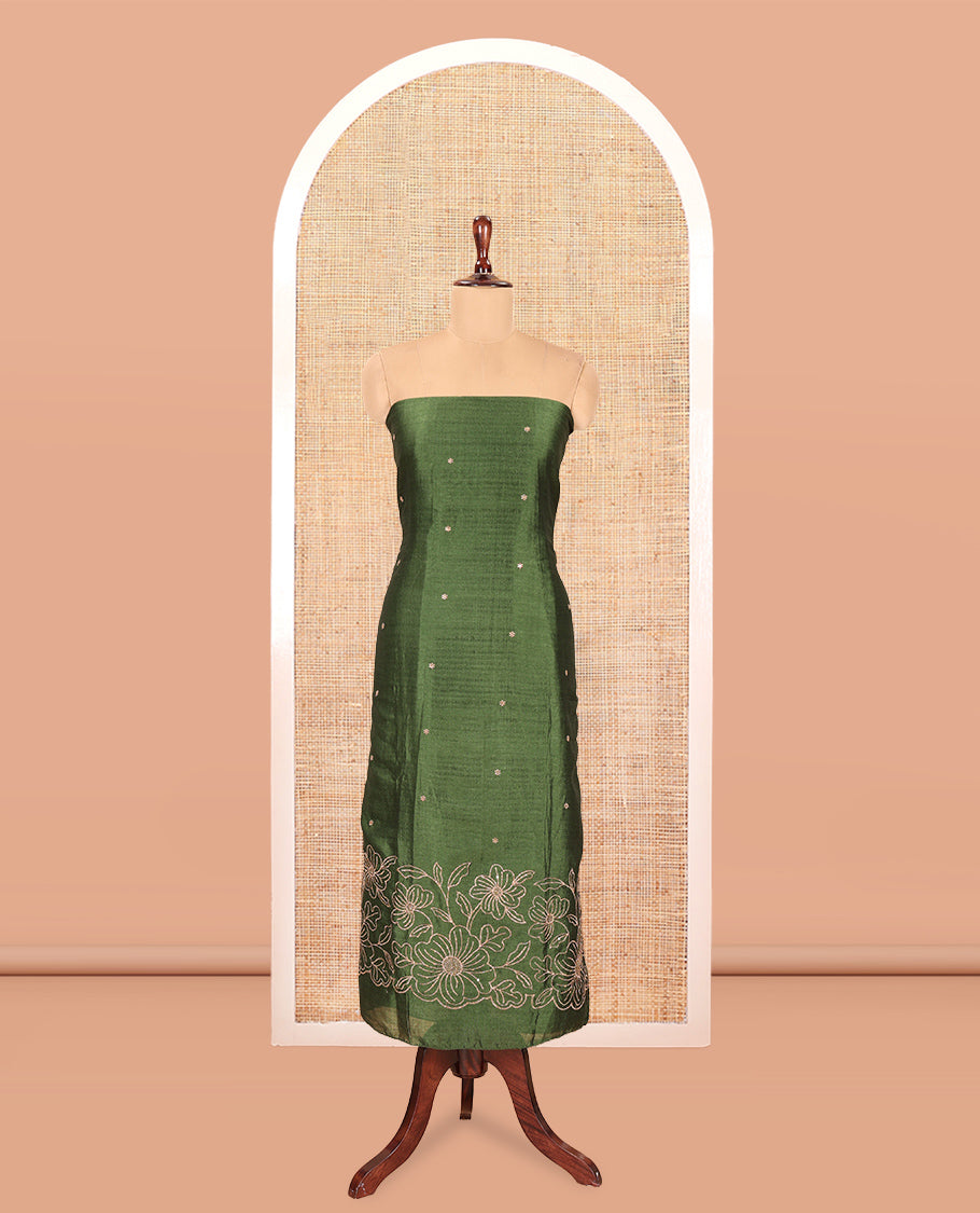 Green Semi-Silk Material Churidar Set, Floral Embroidered Top, a Matching Bottom, and a Scallop Foil Printed Dupatta