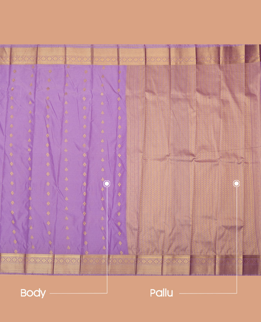 Lavender Gift Saree, Elevated with Zari Buttas All Over Its Body, Highlighted by a Traditional Zari Design Border, Grand Pallu of Jaal Designs, and Paired with a Matching Blouse