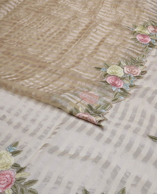 Light brown striped organza saree with self floral embroidery, scallop border