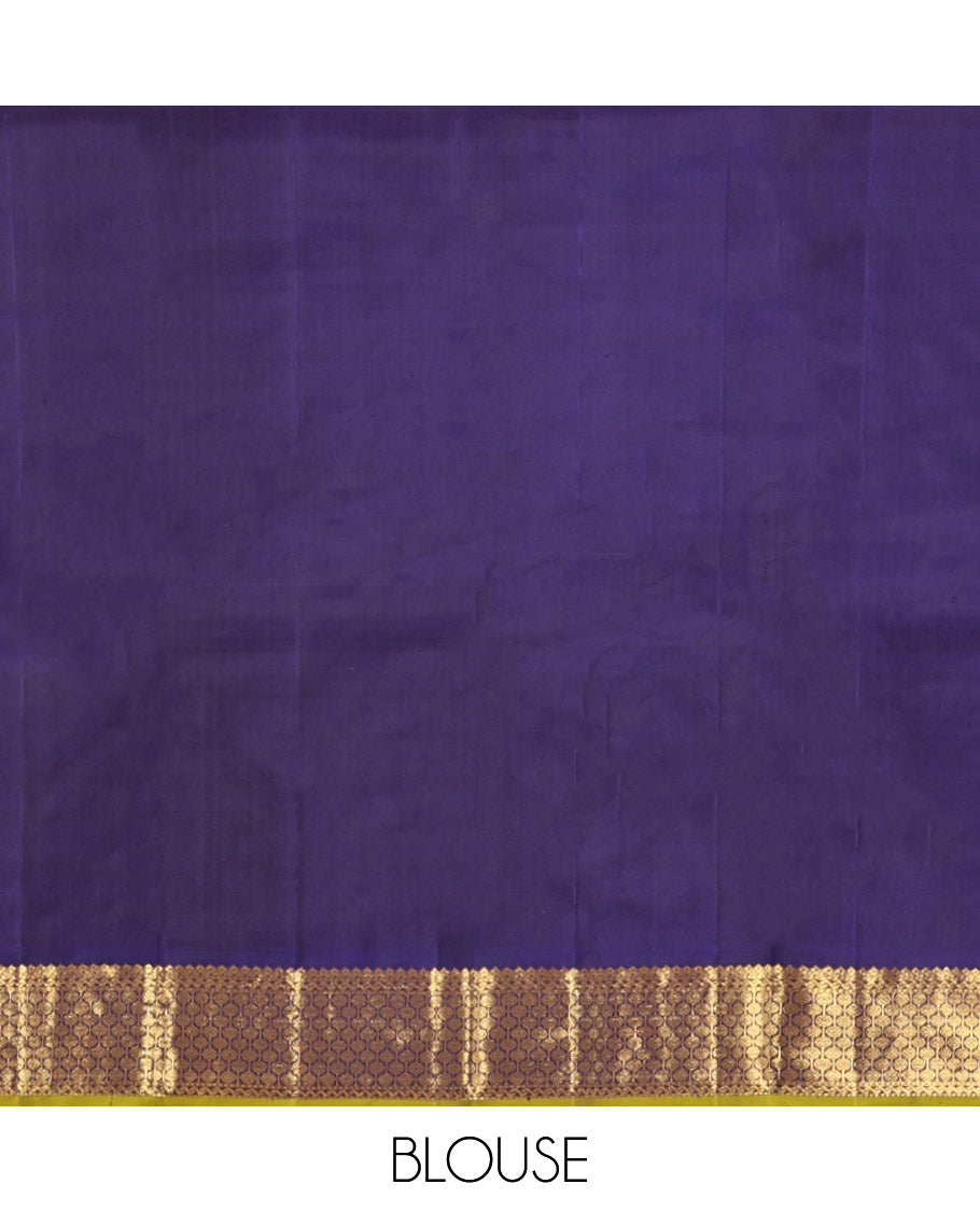 Green Plain Kanchipuram Silk Saree, Complemented by Contrast Border of Thilakam Mokku, and Rudraksham Designs, Pallu of Zari Designs, and Paired with a Contrast Blouse