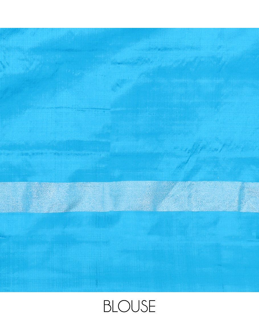 Red Pochampally Ikat Silk Saree, Delicately Woven with Stripes on Its Body, Complemented by a Contrast Border of Stripes, Pallu of Butta Enclosed Jaal Designs, and Paired with a Contrast Blouse