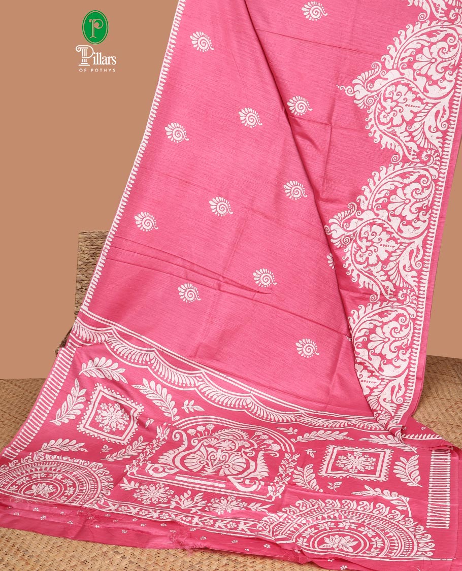 Pink all over weaving pathick printed malgudi silk saree with contrast pathick printed border & printed rich pallu & small butta printed blouse