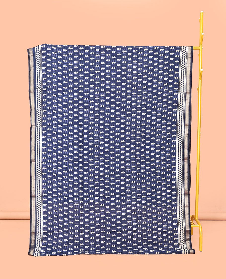 Blue Mul Mul Cotton Saree, Accentuated with Floral Buttas, a Piping Border, Geometric Printed Pallu, and a Matching Blouse