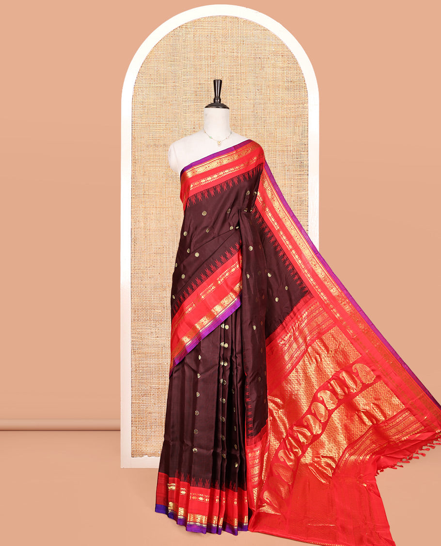 Brown Gadwal Silk Saree, Finely Crafted with Zari Buttas, Complemented by a Contrast Traditional Zari Border, Grand Jaal Pallu, and a Contrast Blouse