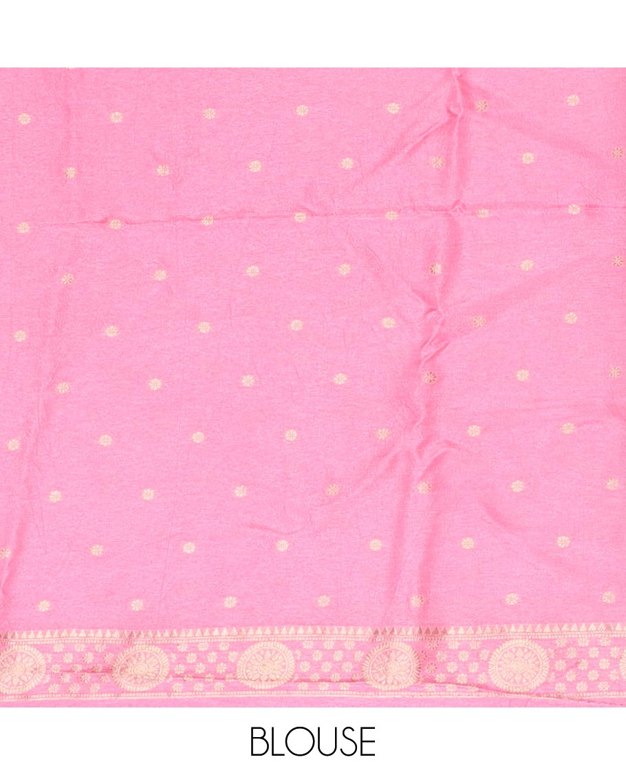 Purple Russian Dola Silk Saree, Prettified with Paisley Buttas All Over Its Body, Complemented by a Contrast Traditional Zari Design Border, Pallu of Floral Jaal Designs, and Paired with a Contrast Blouse