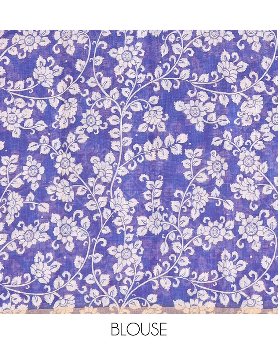 Pink Linen Cotton Saree Features Kalamkari-Style Human Motifs Print, a Piping Border, Contrast Printed Pallu, and Contrast Blouse