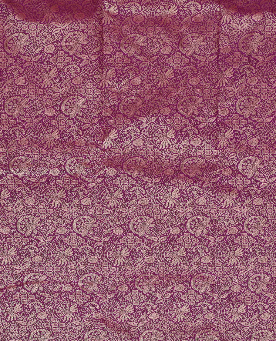 Purple Art Silk Pavadai Material, Highlighted by Jacquard Design, Contrast Floral-Bird Zari Design Border, and a Contrast Blouse